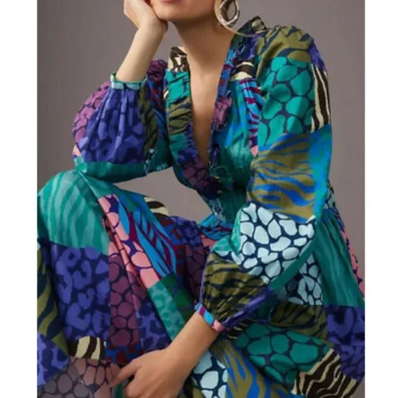 Anthropologie Geisha Designs M NWT Patchwork Maxi Dress Animal Print Long Sleeve - Picture 1 of 8